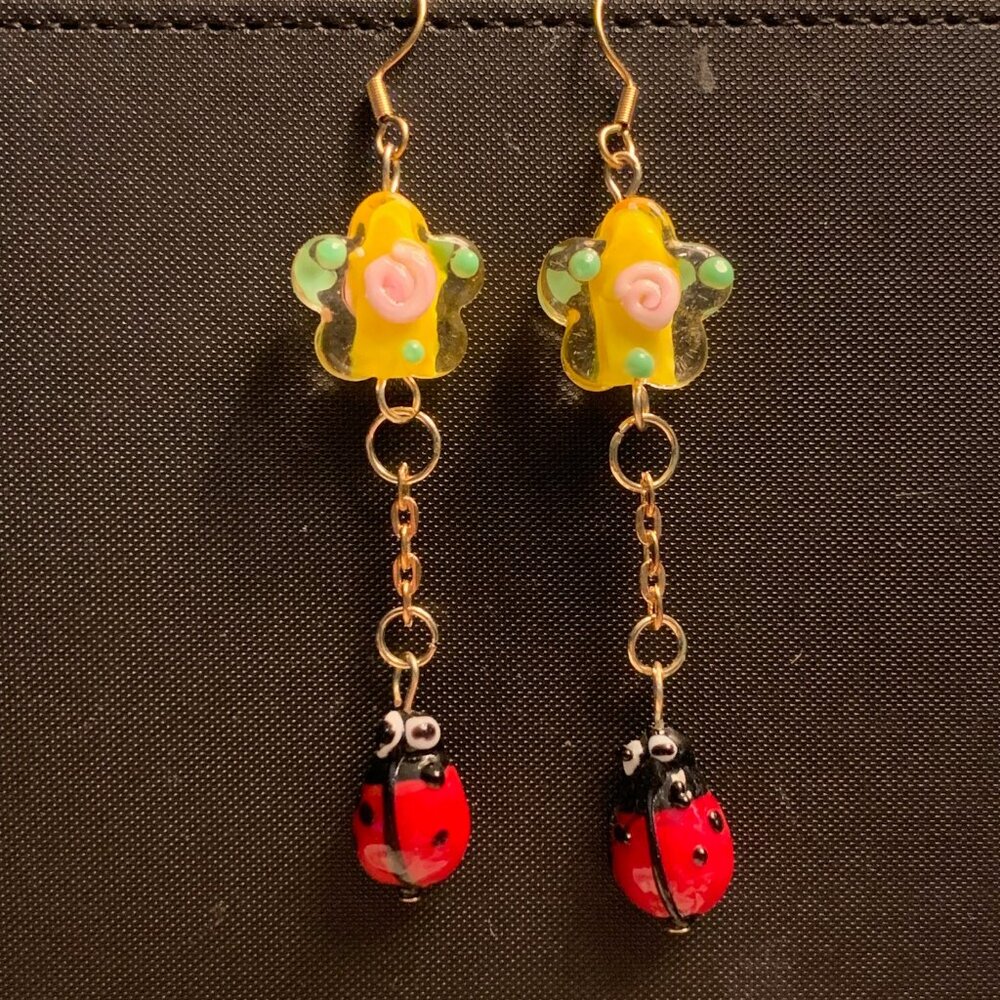 Ladybug Ladybird Flower Lampwork Glass Beads Handmade Pierced Earrings LR147